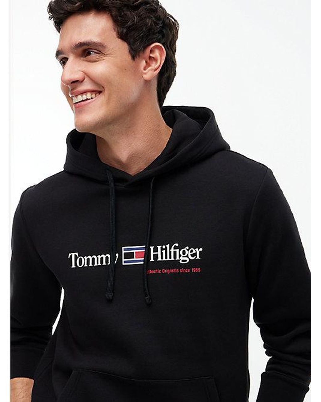 Tommy Hilfiger Black Logo Fleece Drawstring Hoody for men