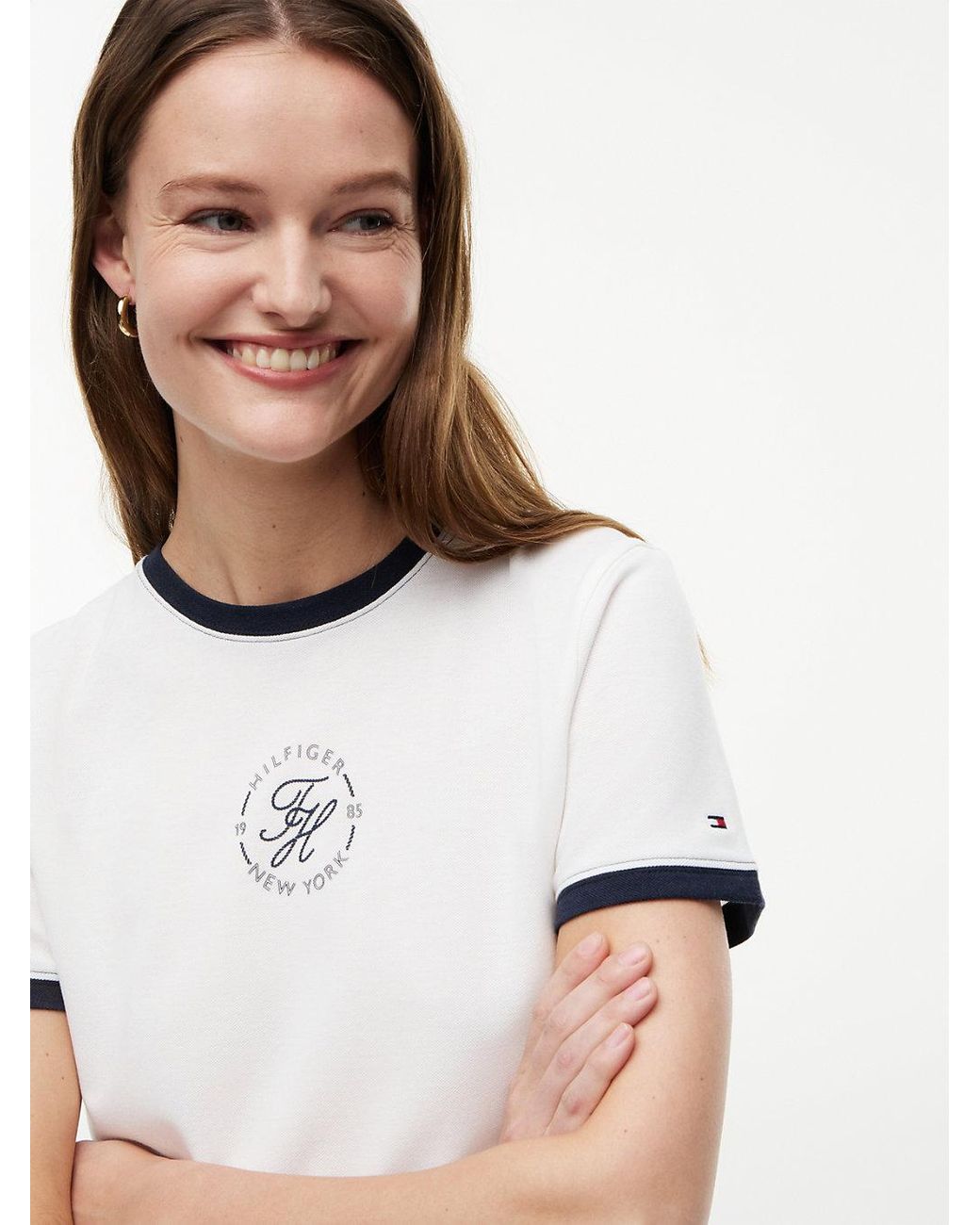 Tommy Hilfiger White Logo Embroidery Ringer T-Shirt