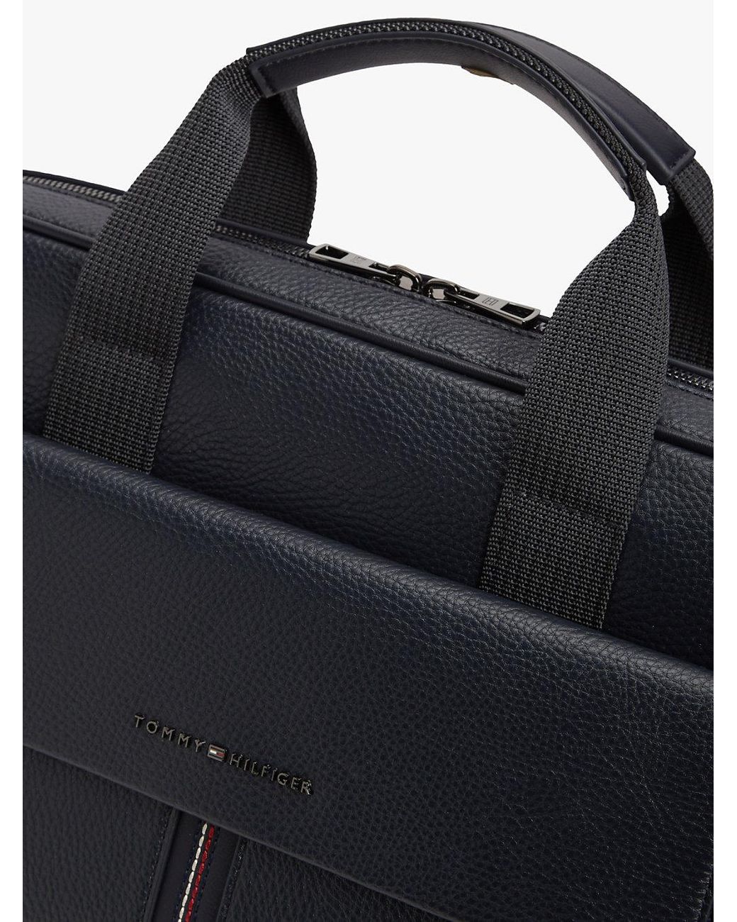 Tommy Hilfiger Black Flap Pocket Pebble Grain Laptop Bag for men