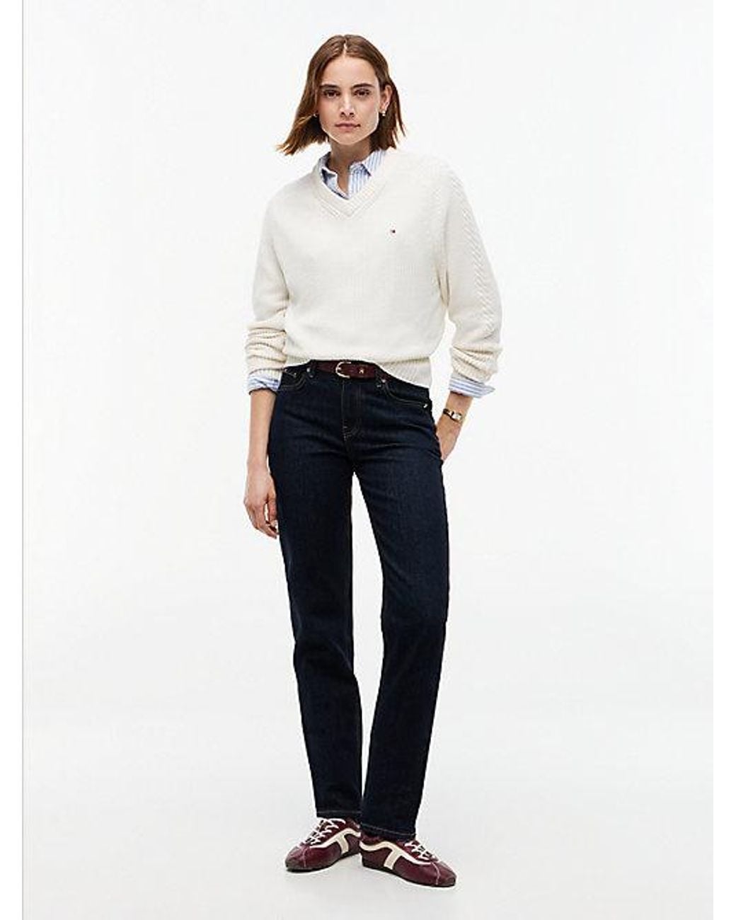 Tommy Hilfiger White Cardigan Stitch Relaxed V Neck Jumper