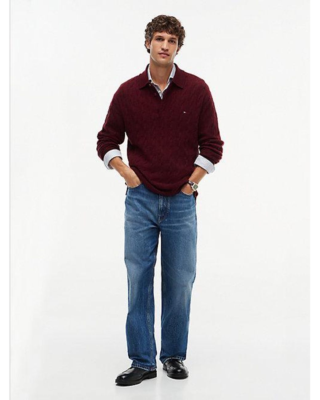 Tommy Hilfiger Red Pure Wool Cable Knit Rugby Jumper for men