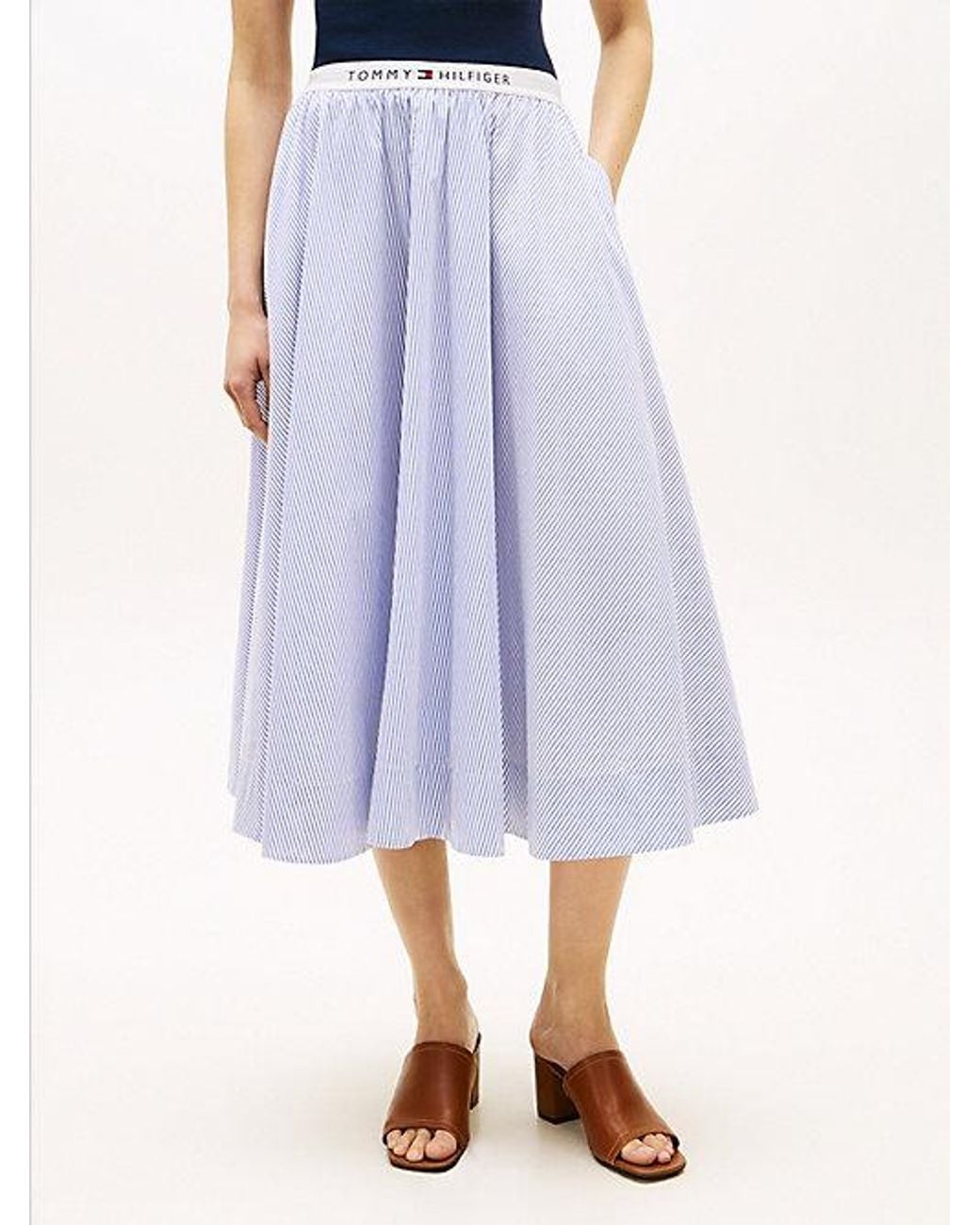 Tommy Hilfiger Blue Logo Waistband Midi A-Line Skirt