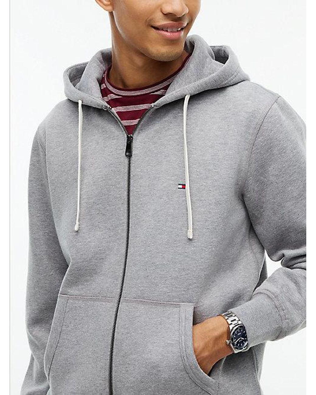 Tommy Hilfiger Gray Flag Embroidery Fleece Zip Thru Hoody for men