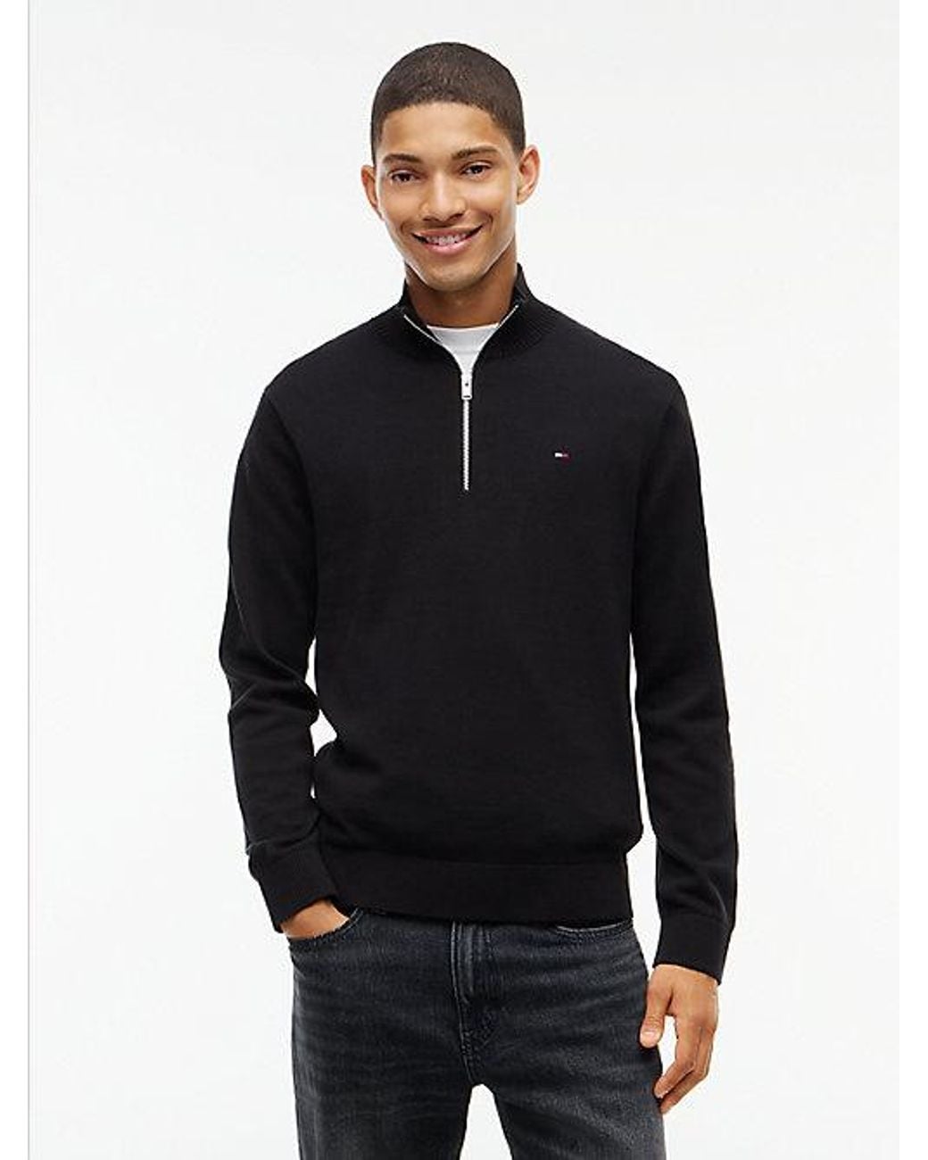 Tommy Hilfiger Black Tommy Jeans Tommy Flag Lightweight Slim Quarter Zip Jumper for men