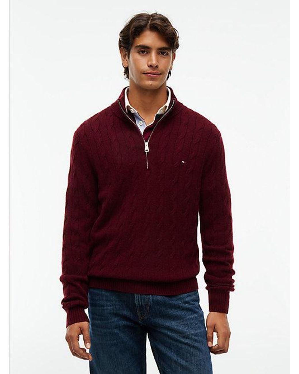 Tommy Hilfiger Red Pure Lambswool Cable Knit Quarter Zip Jumper for men