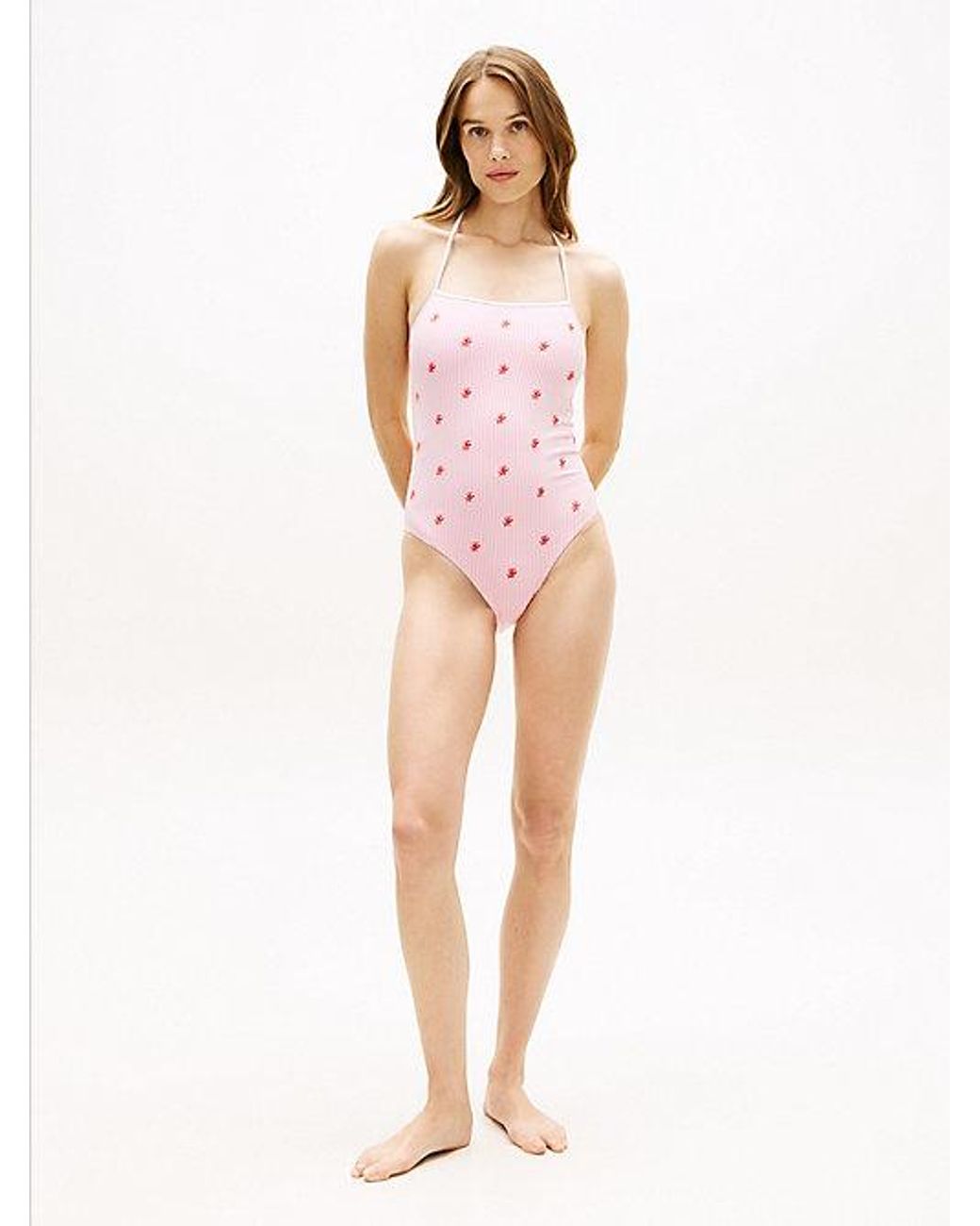 Tommy Hilfiger Pink Seersucker Logo Embroidery Halterneck Swimsuit