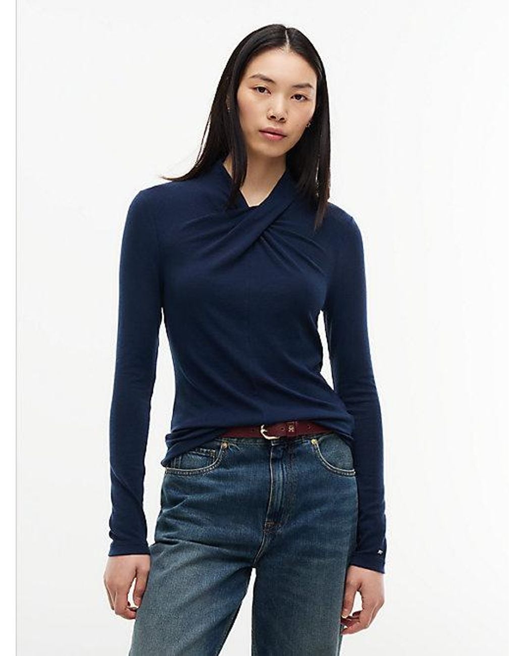 Tommy Hilfiger Blue Drape Twist Neck Top With Wool