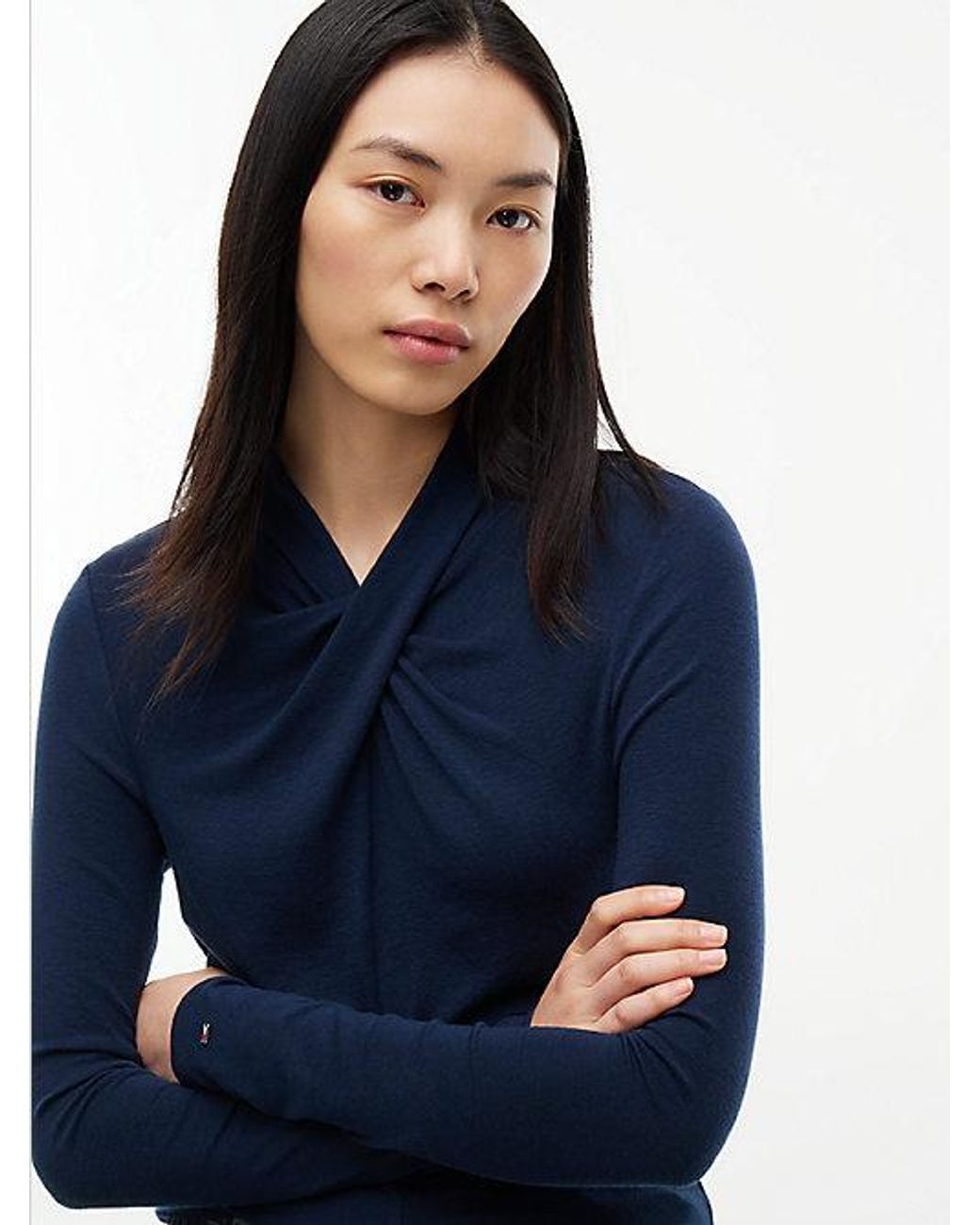 Tommy Hilfiger Blue Drape Twist Neck Top With Wool