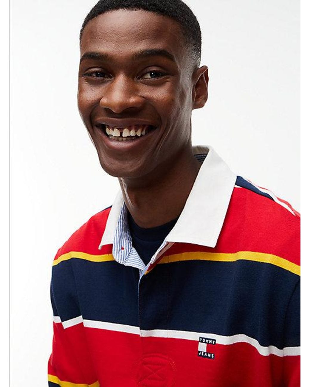 Tommy Hilfiger Red Tommy Jeans Tommy Badge Stripe Relaxed Rugby Shirt for men