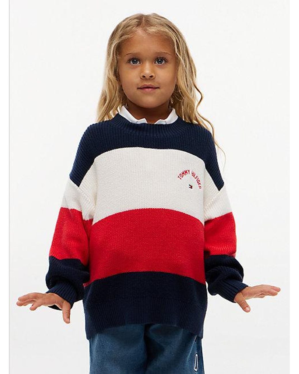 Tommy Hilfiger Red Colour Blocked Stripe Relaxed Crew Neck Jumper