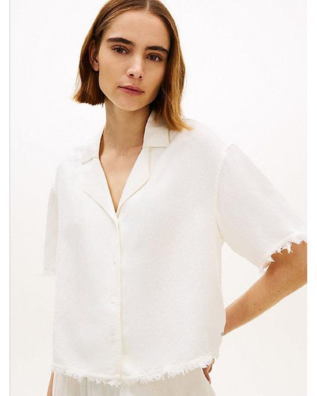 Tommy Hilfiger White Relaxed Fit Frayed Linen Blend Shirt