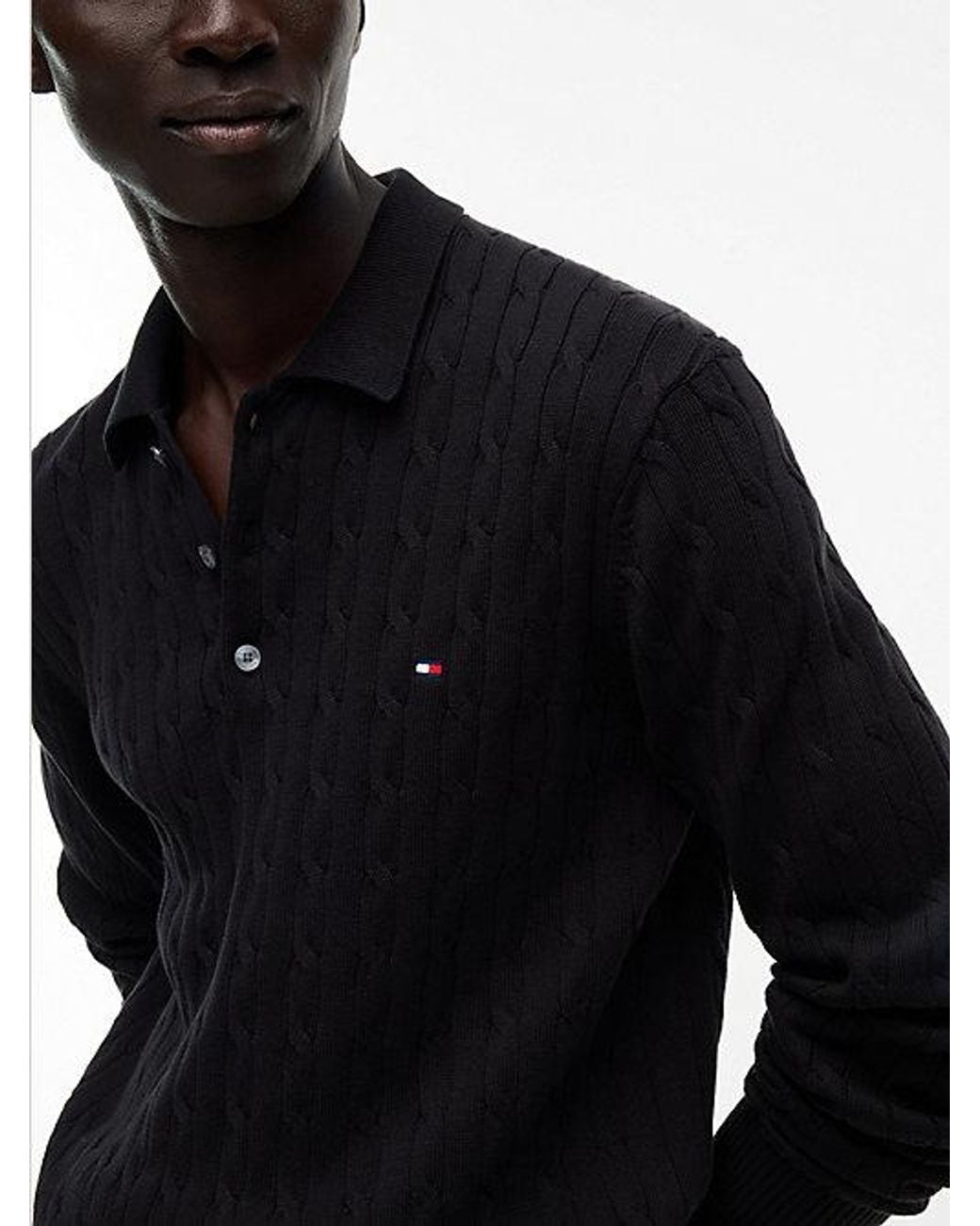Tommy Hilfiger Black Cable Knit Polo Jumper for men