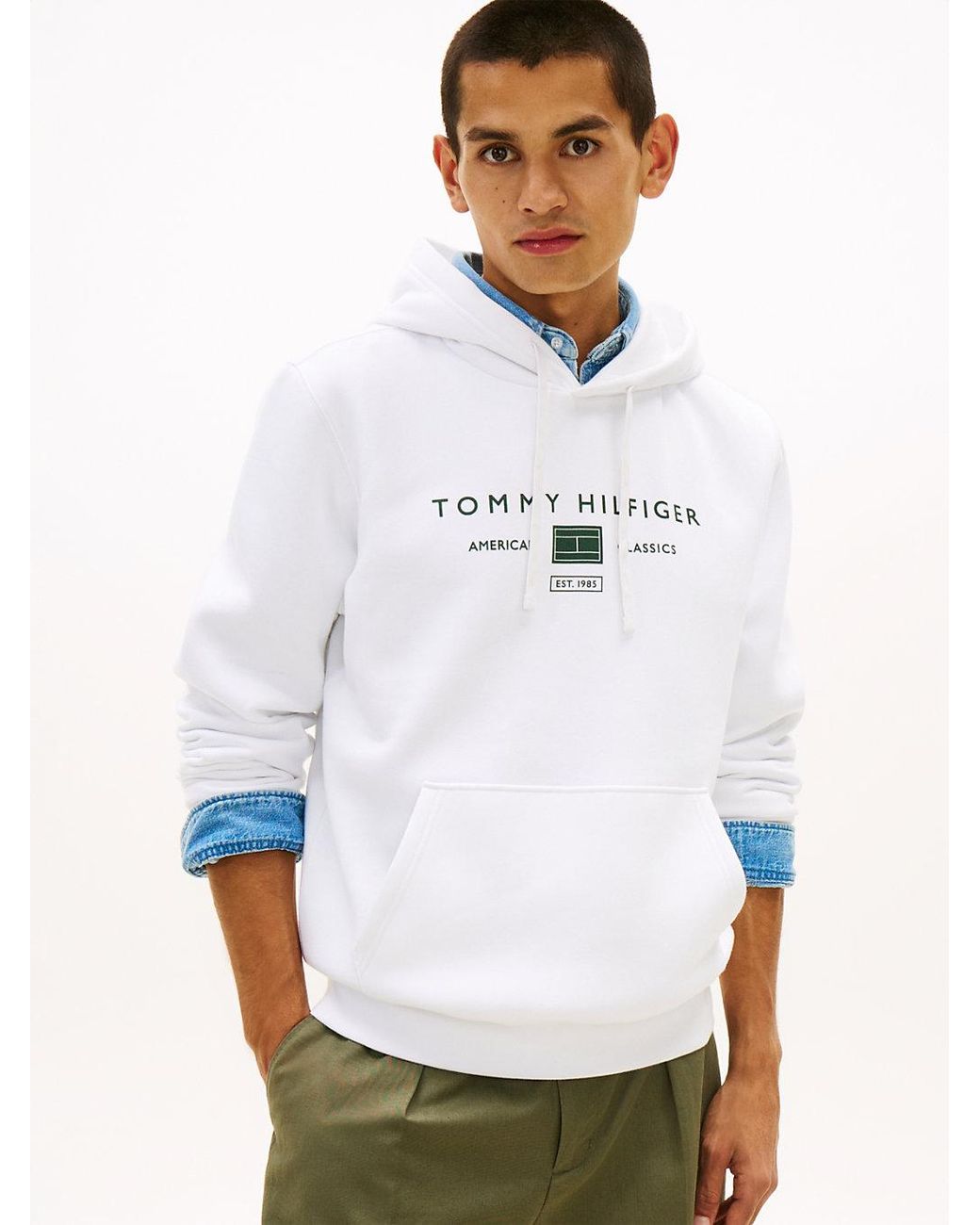 Tommy Hilfiger White Logo Terry Drawstring Hoody for men