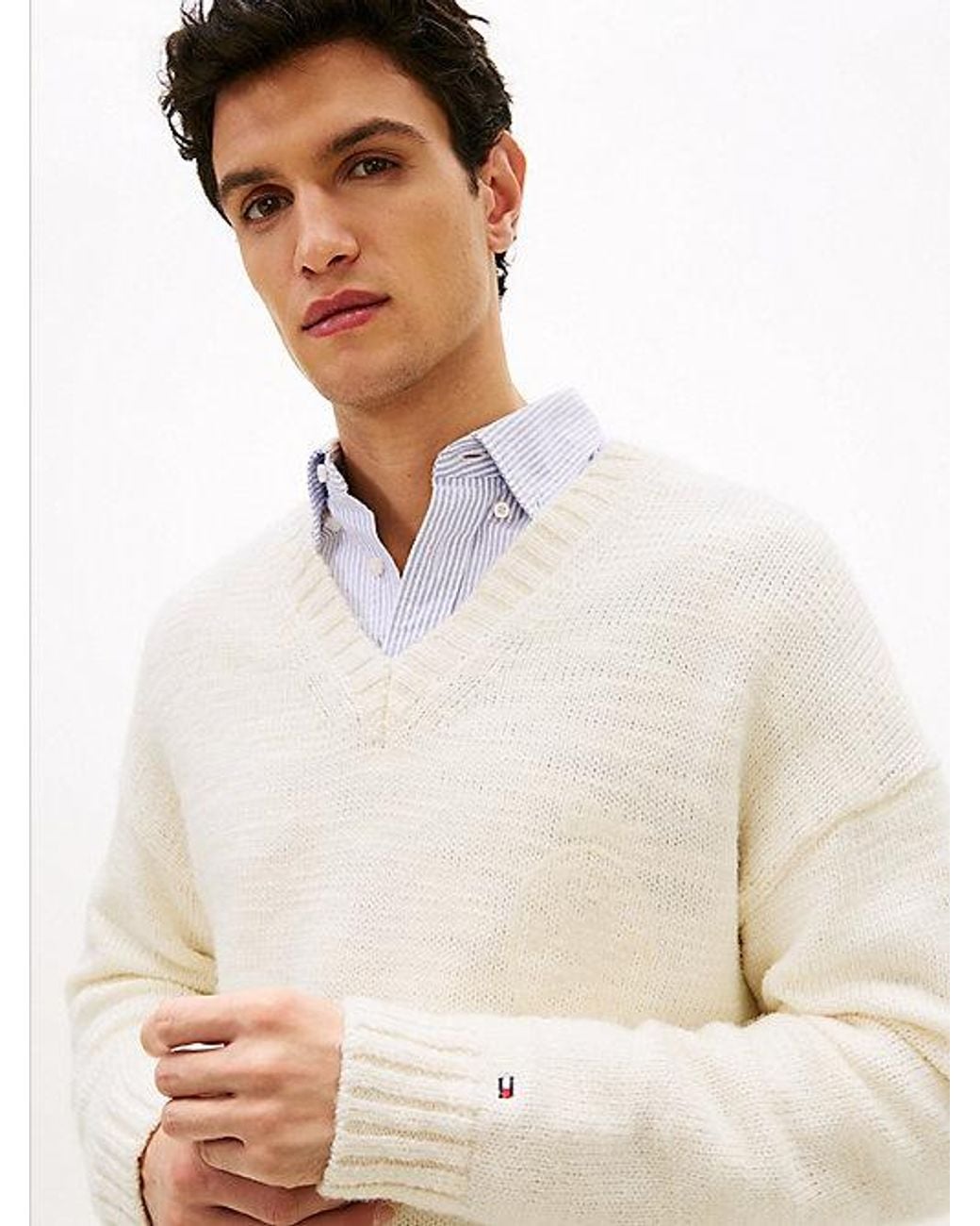 Tommy Hilfiger White Wool Blend V-neck Jumper for men