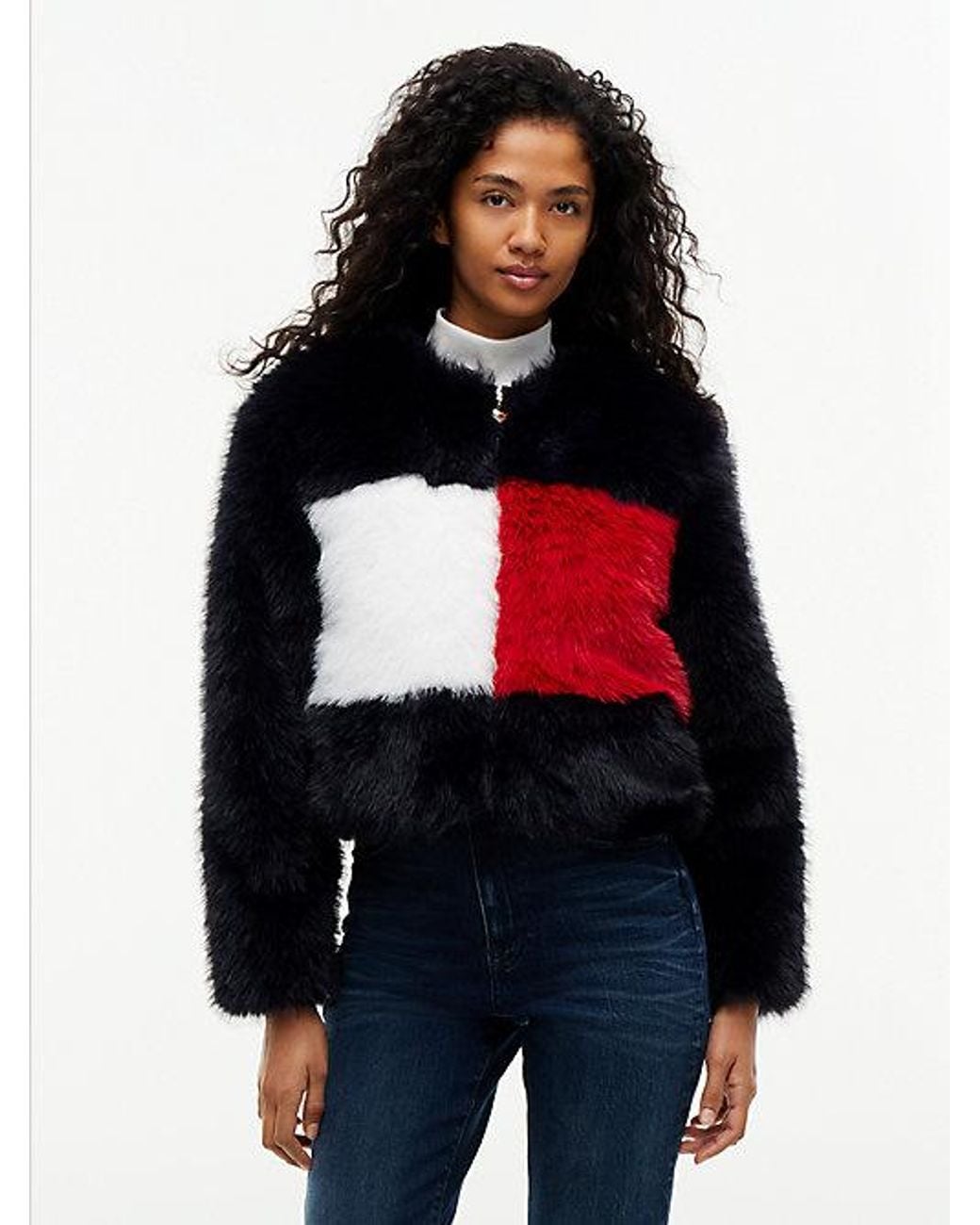 Tommy Hilfiger Blue Tommy Jeans Tommy Flag Colour Blocked Faux Fur Jacket