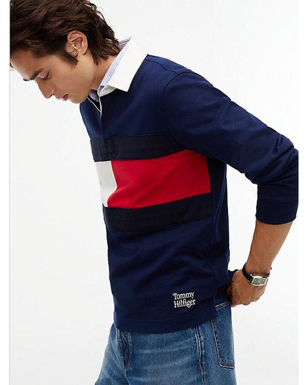 Tommy Hilfiger Blue Colour Blocked Flag Rugby Sweatshirt for men