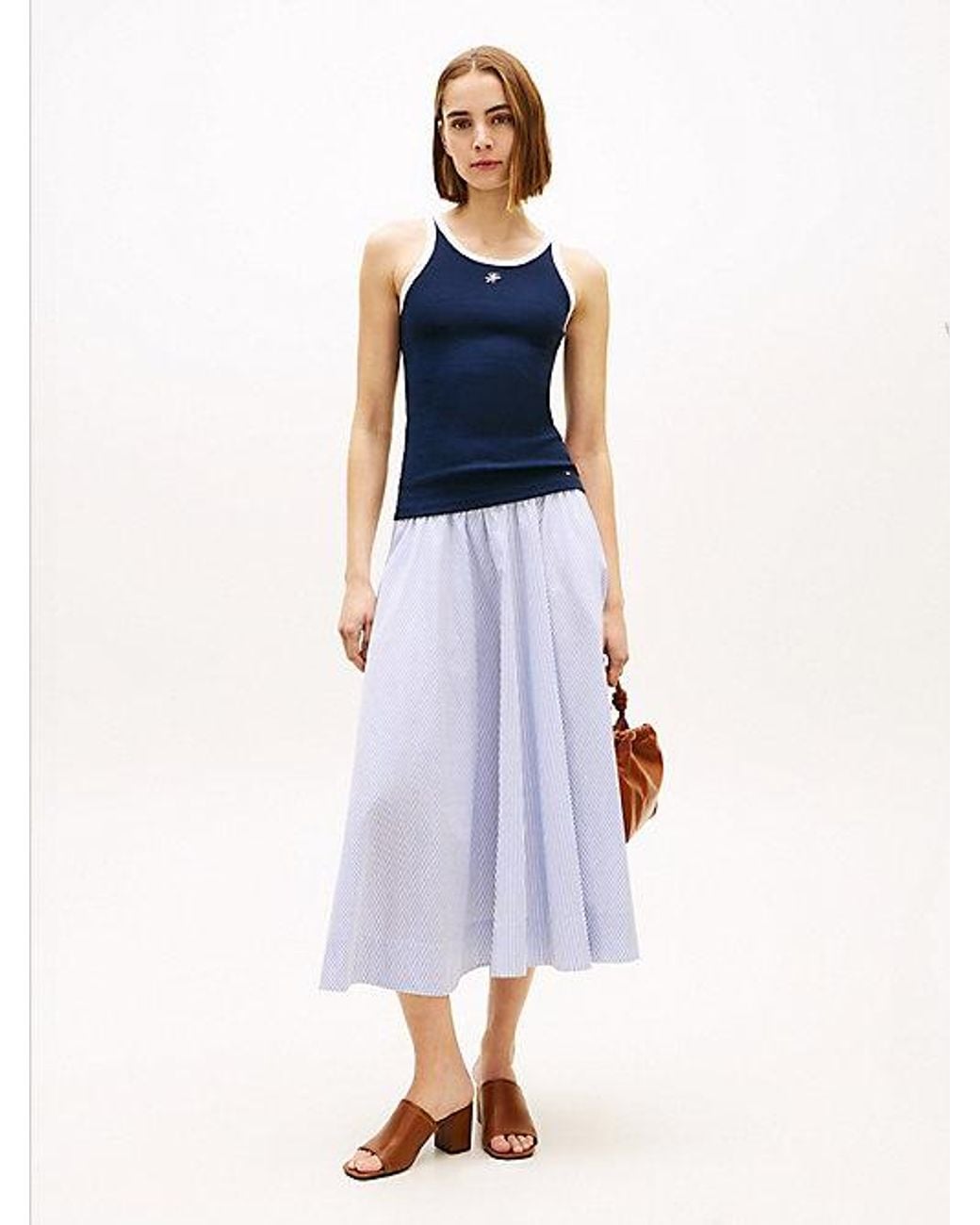 Tommy Hilfiger Blue Logo Waistband Midi A-Line Skirt