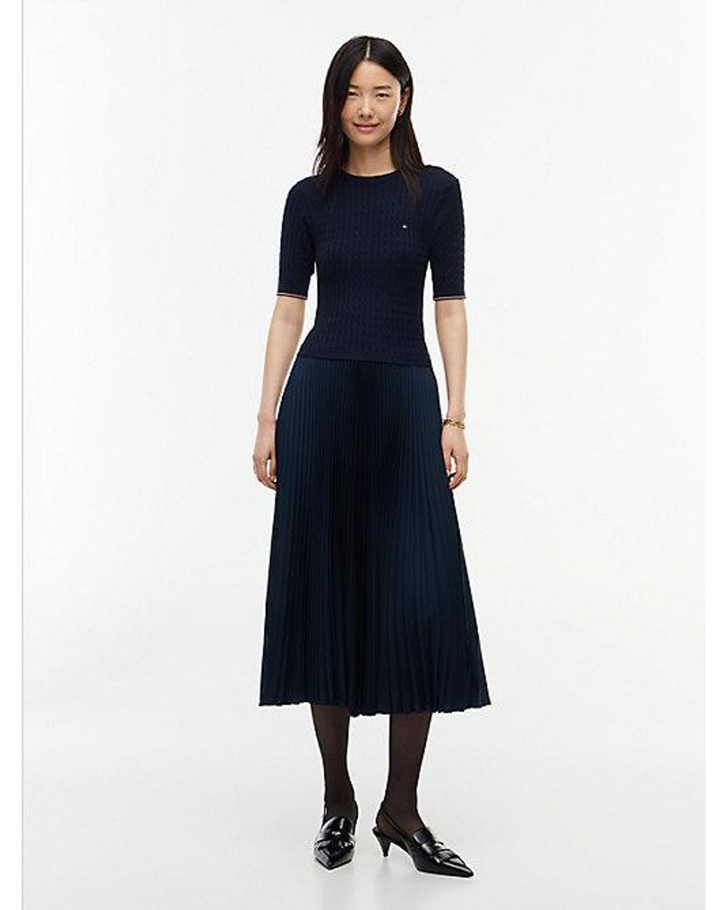 Tommy Hilfiger Blue Cable Knit Pleated Midi Dress