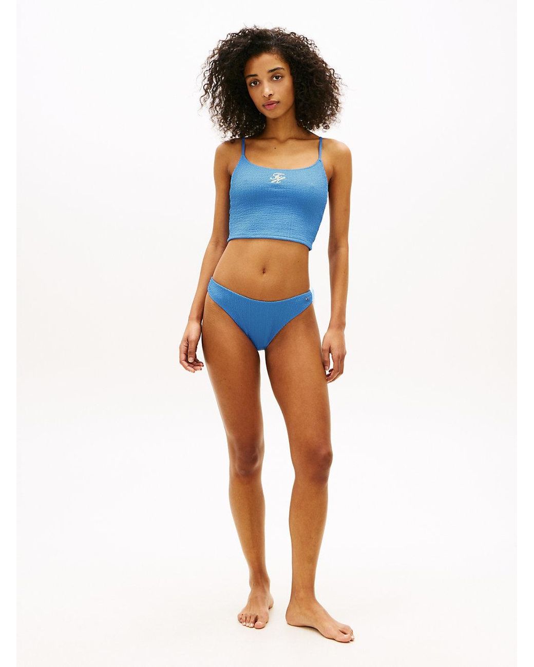 Tommy Hilfiger Blue Crinkle Texture High-Cut Cheeky Bikini Bottoms