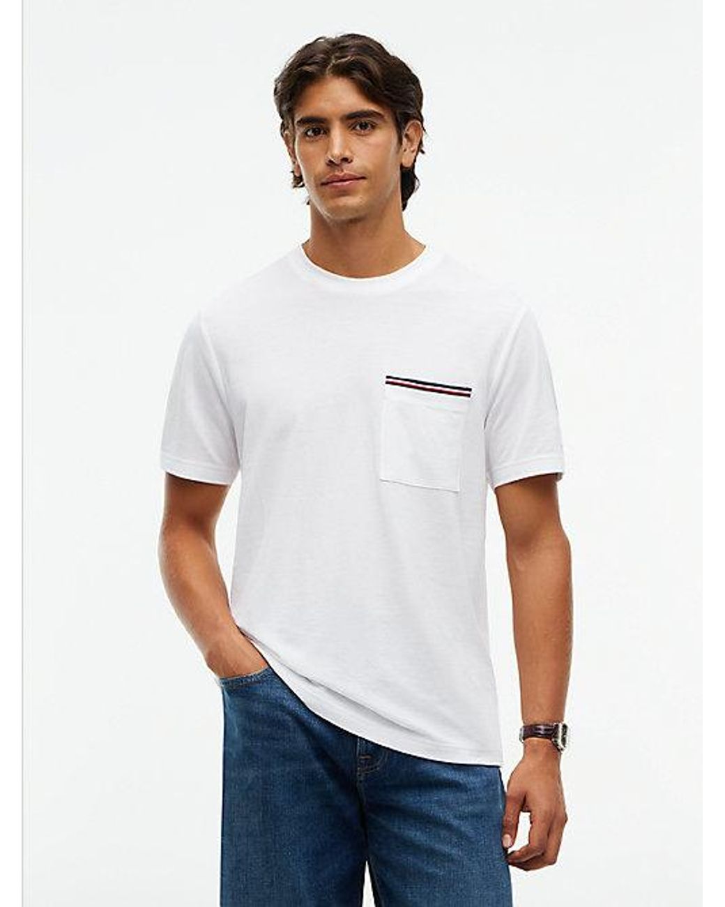 Tommy Hilfiger White Global Stripe Pocket Pique T-Shirt for men