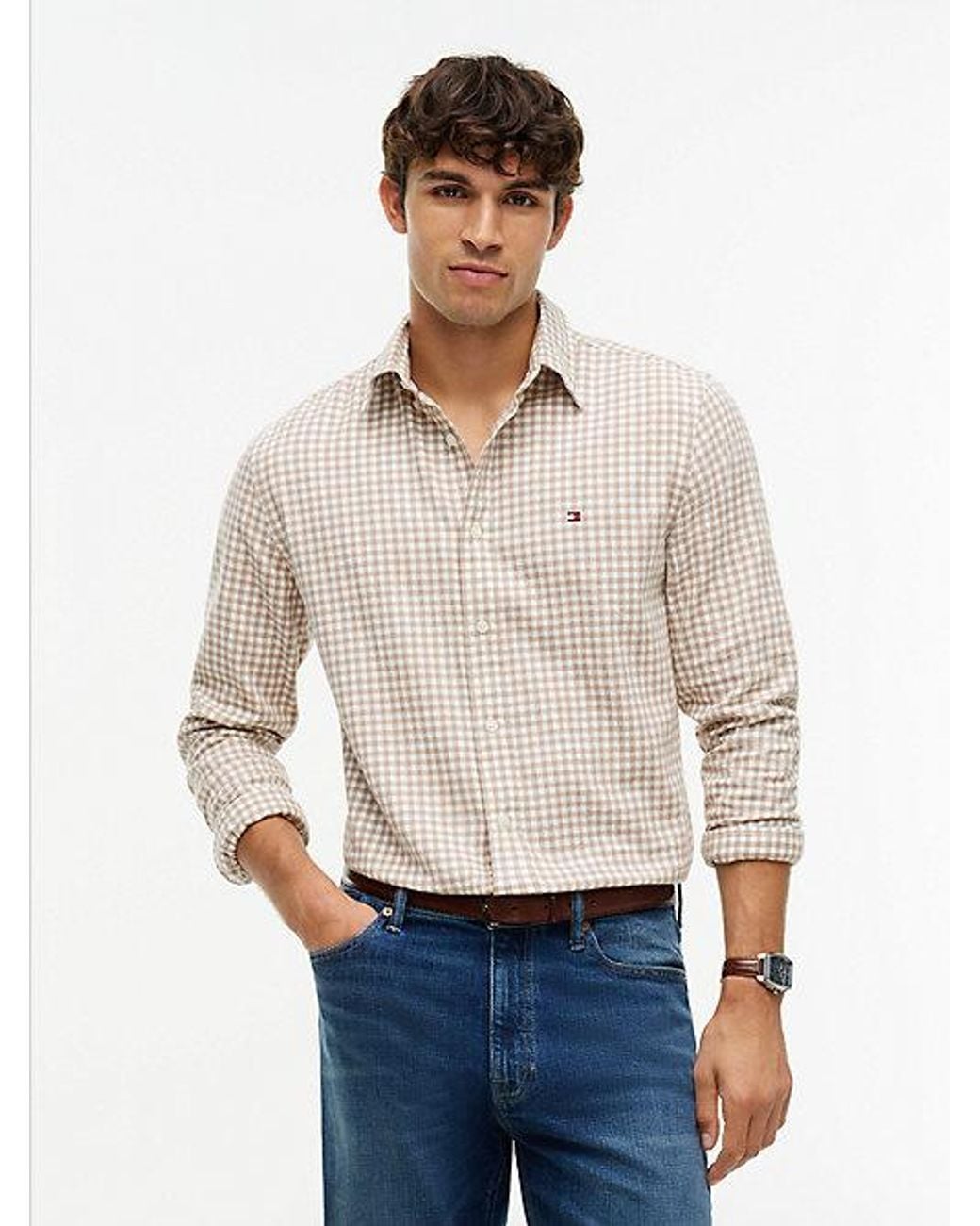 Tommy Hilfiger White Regular Fit Gingham Dobby Flannel Shirt for men