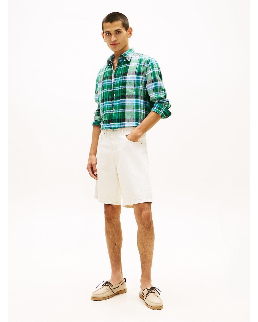 Tommy Hilfiger Green Regular Fit Madras Check Pure Linen Shirt for men