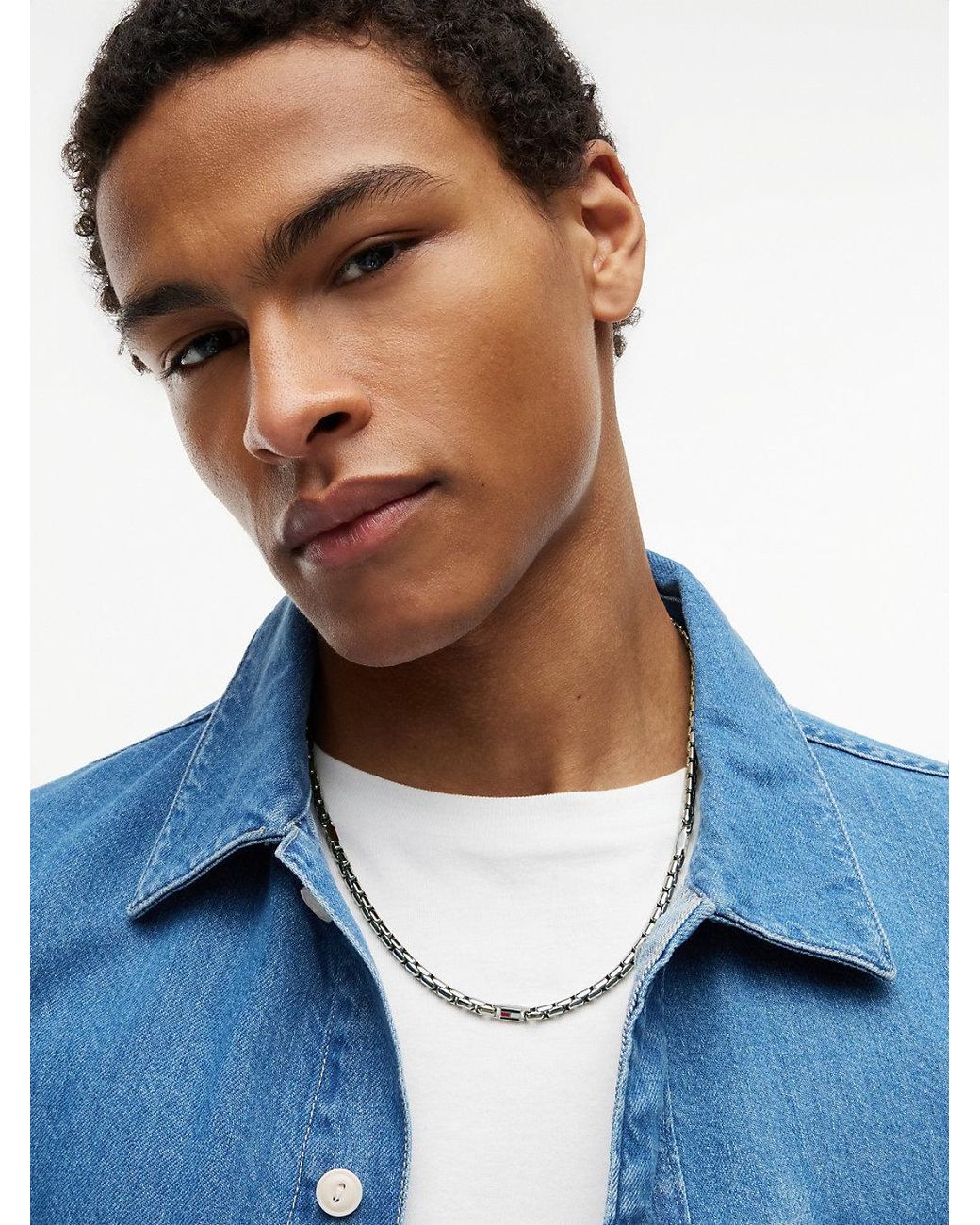 Tommy Hilfiger White 3D Flag Stainless Steel Chain-Link Necklace for men