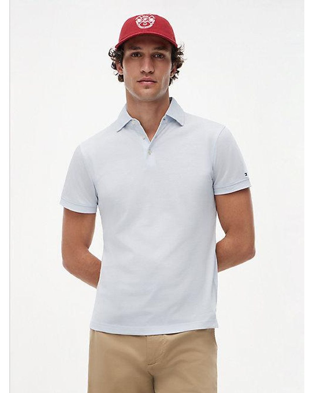 Tommy Hilfiger White New York Label Slim Fit Wide-Spread Polo Shirt for men