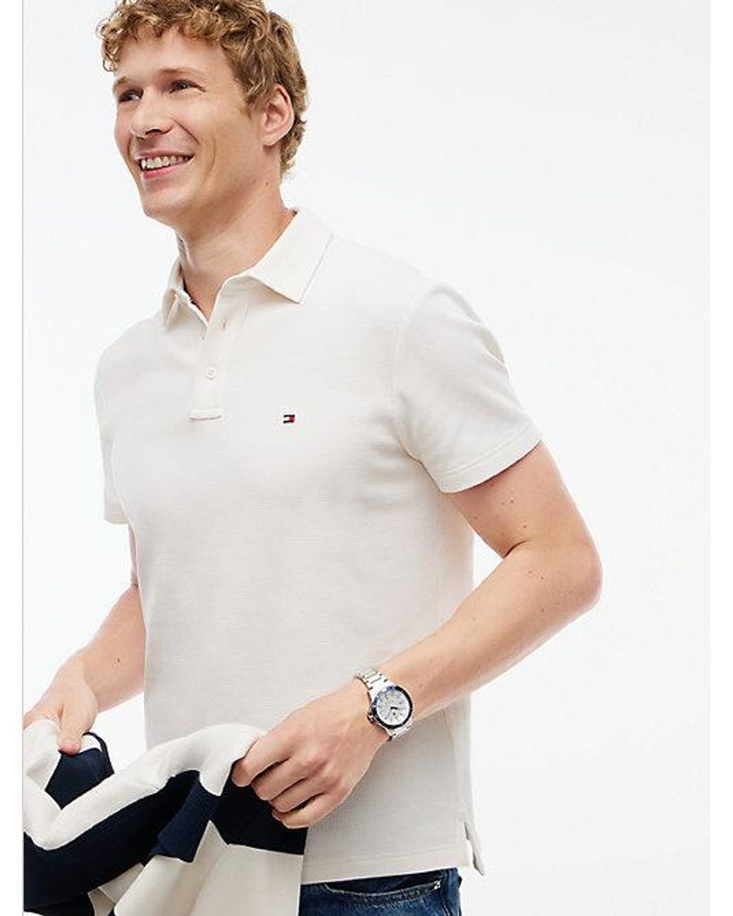 Tommy Hilfiger White Regular Fit Waffle Knit Polo Shirt for men