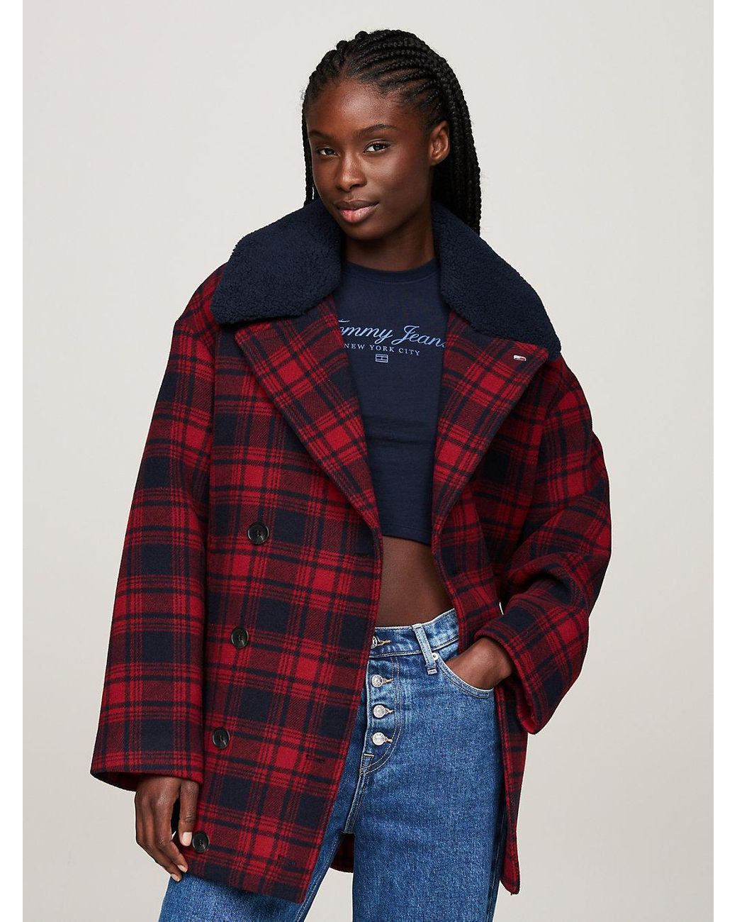 Tommy Hilfiger Tartan Check Peacoat With Wool in Red | Lyst UK