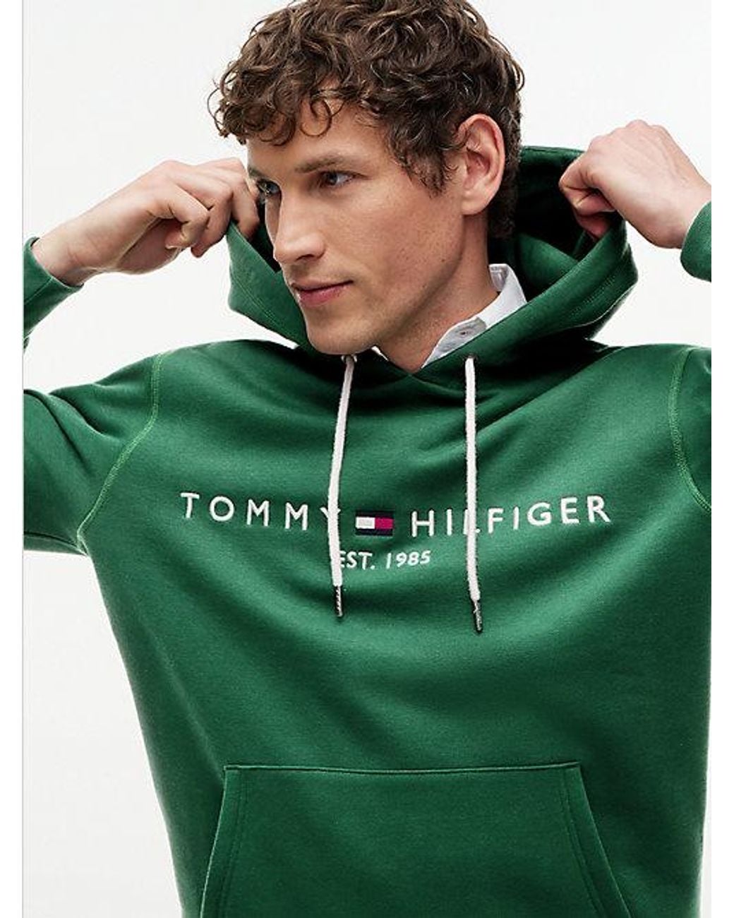 Tommy Hilfiger Green Logo Embroidery Fleece Drawstring Hoody for men