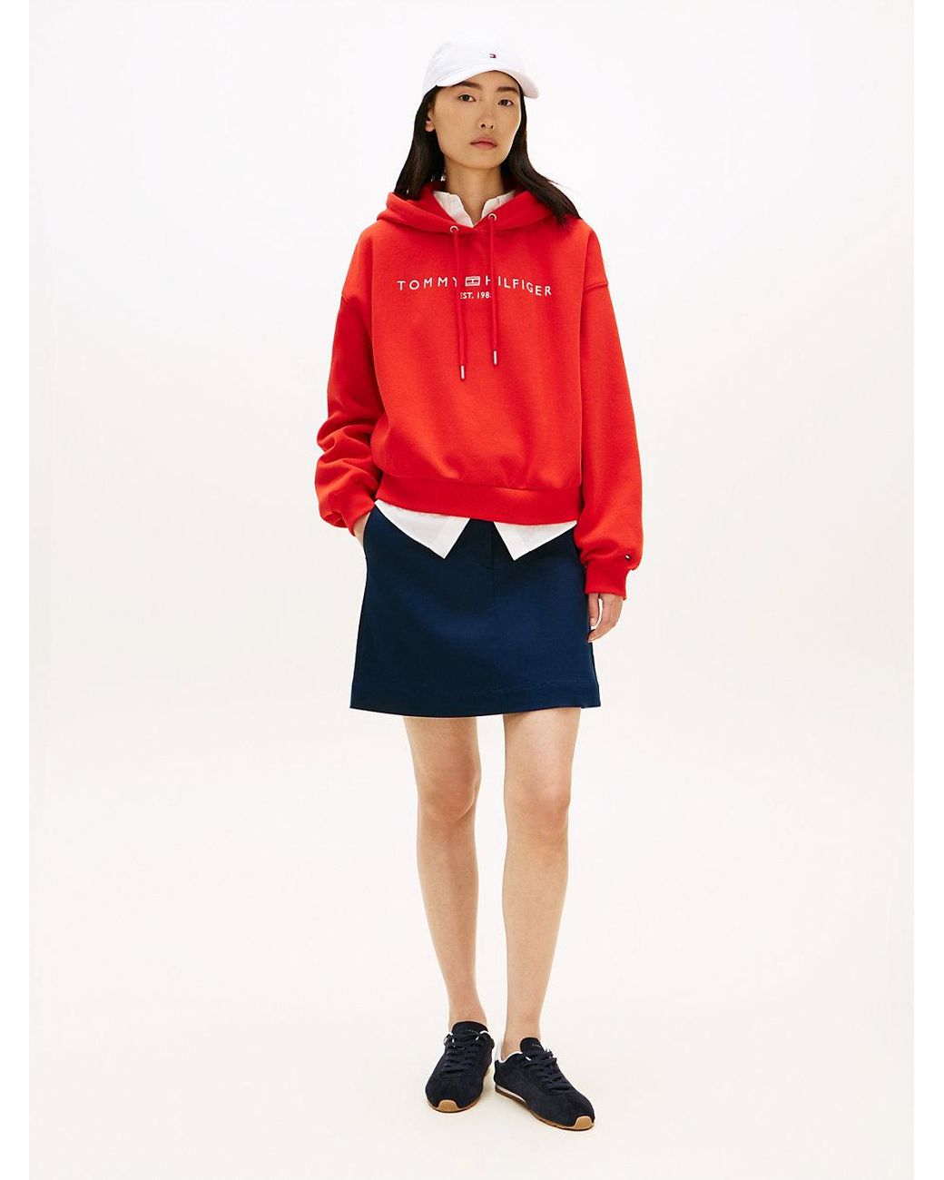 Tommy Hilfiger Red Logo Fleece Relaxed Drawstring Hoody