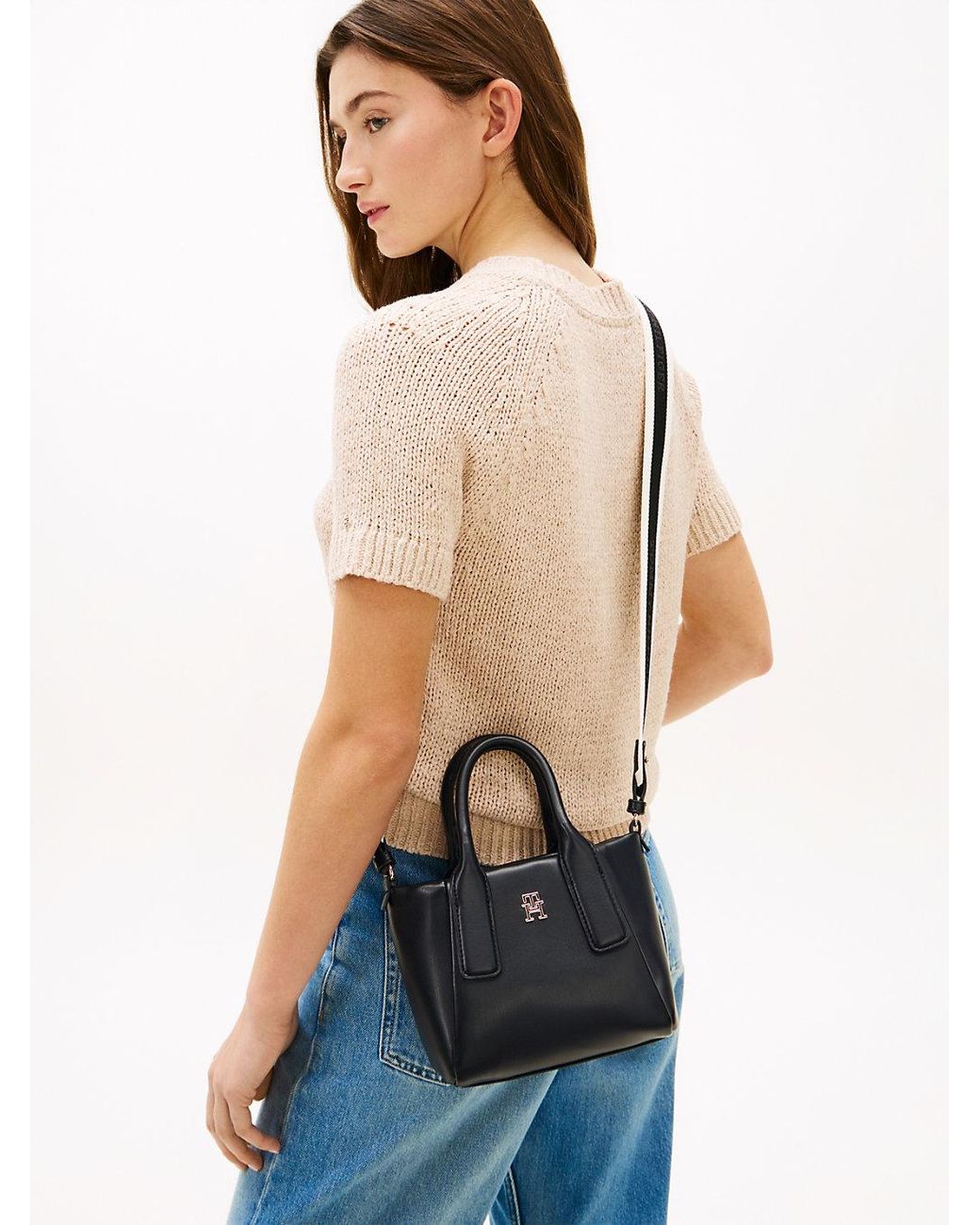 Tommy Hilfiger Black Essential Metallic Logo Crossbody Tote Bag