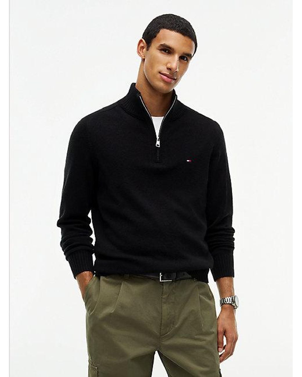 Tommy Hilfiger Black Pure Lambswool Quarter Zip Jumper for men