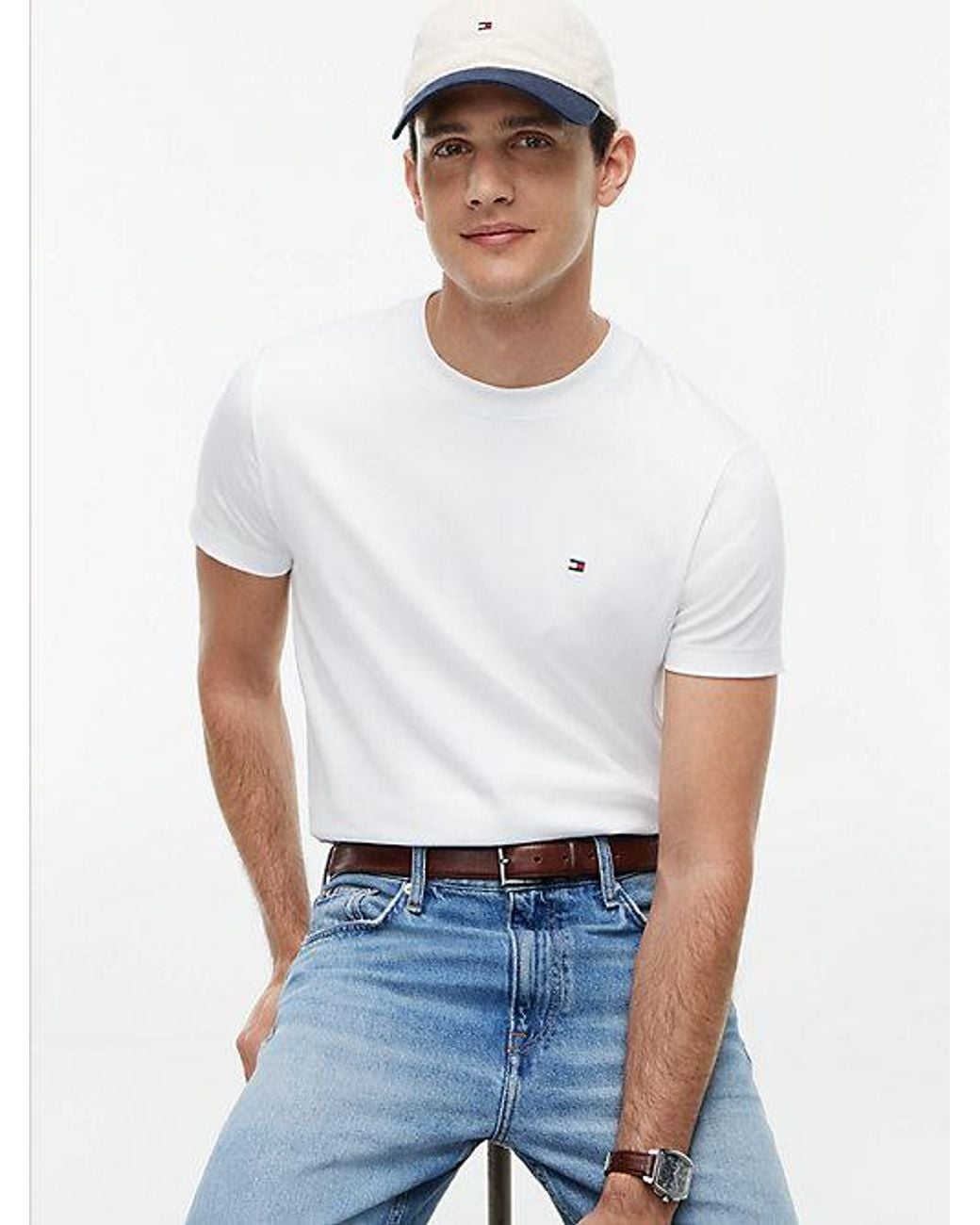 Tommy Hilfiger White Flag Embroidery Slim Interlock Knit T-Shirt for men