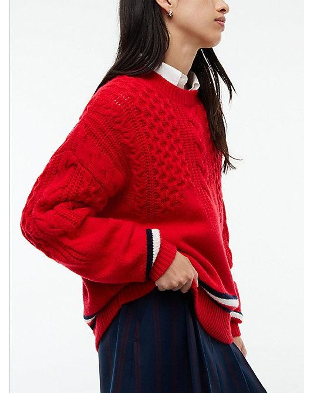Tommy Hilfiger Red Tommy Jeans Pure Wool Cable Knit Oversized Jumper