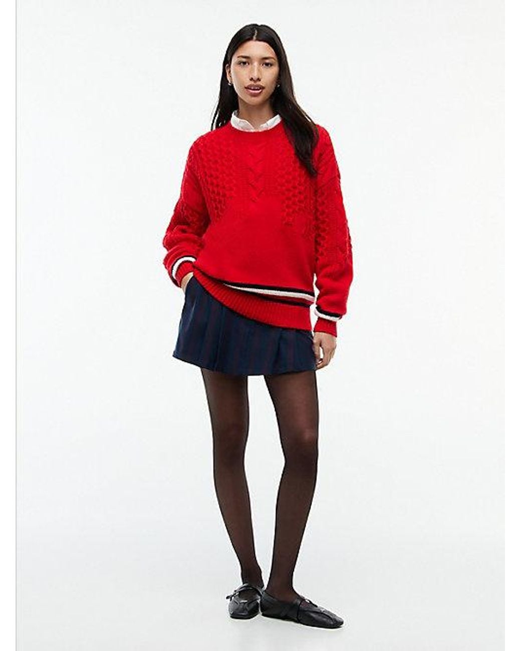 Tommy Hilfiger Red Tommy Jeans Pure Wool Cable Knit Oversized Jumper