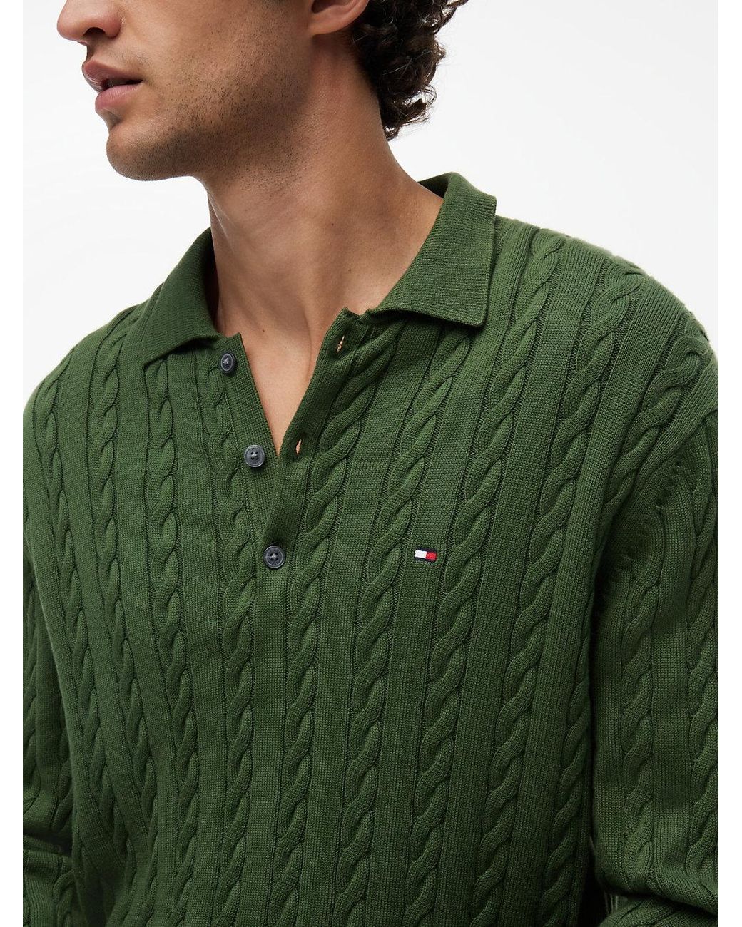 Tommy Hilfiger Green Cable Knit Polo Jumper for men