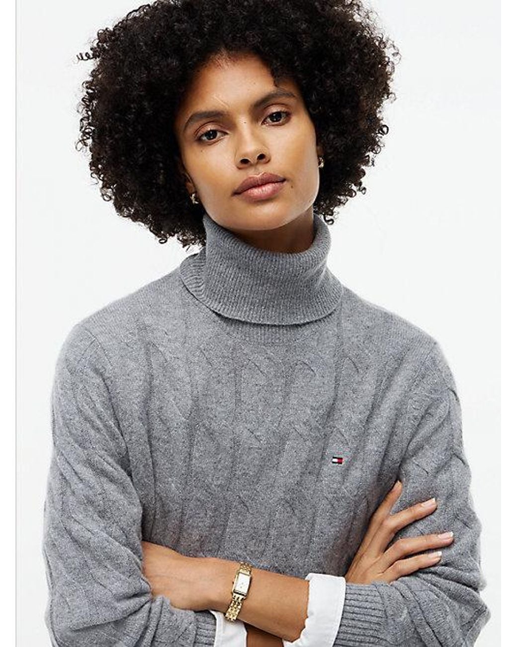 Tommy Hilfiger Gray Pure Wool Cable Roll Neck Jumper Dress