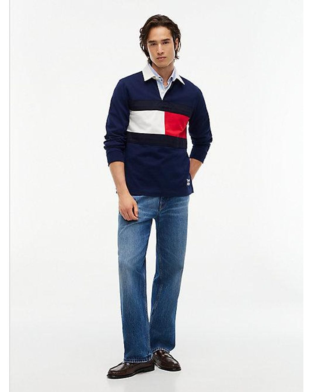 Tommy Hilfiger Blue Colour Blocked Flag Rugby Sweatshirt for men