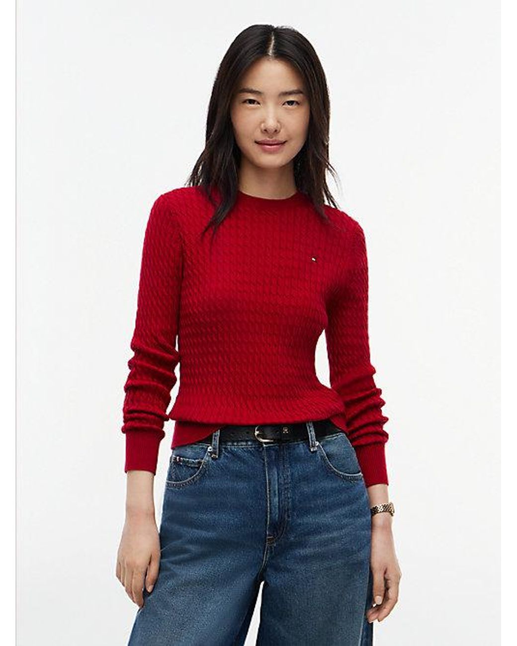 Tommy Hilfiger Red Fine Cable Knit Slim Jumper