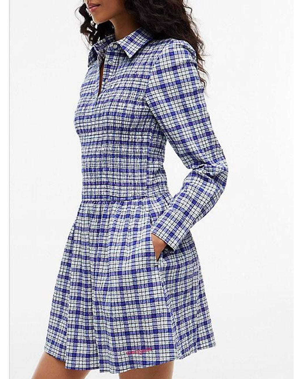 Tommy Hilfiger Blue Seersucker Smock Long Sleeve Mini Dress