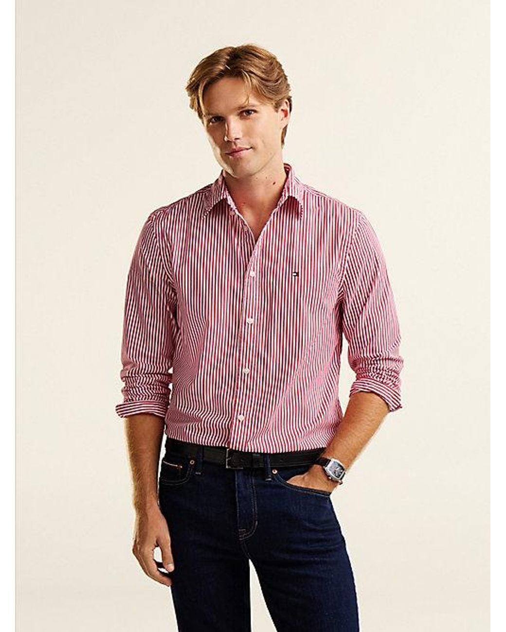 Tommy Hilfiger Red Th Flex Regular Fit Stripe Shirt for men