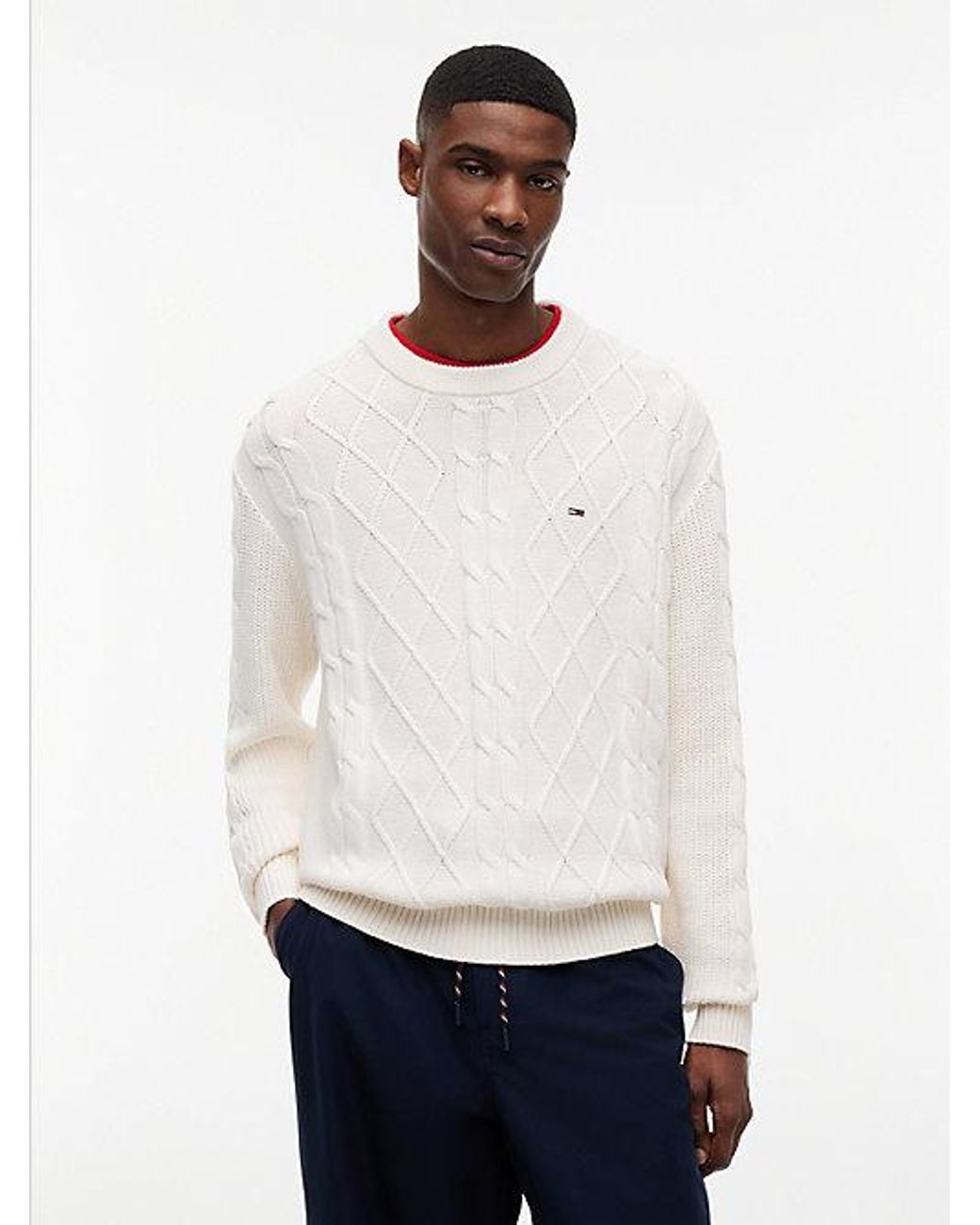 Tommy Hilfiger White Tommy Jeans Tommy Flag Cable Knit Jumper for men