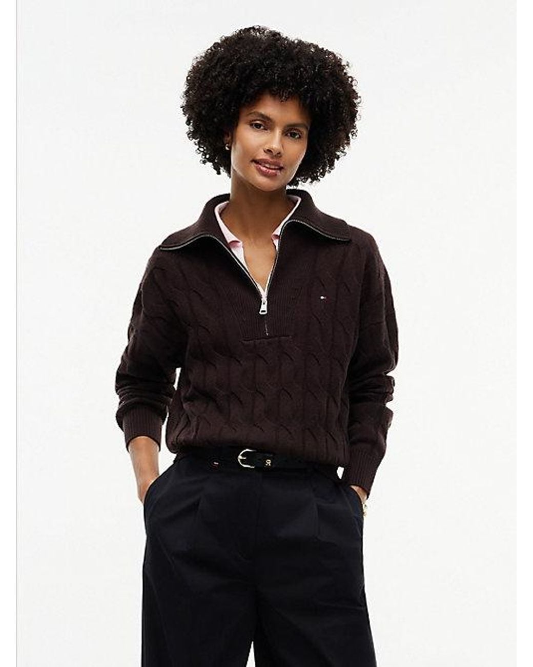 Tommy Hilfiger Black Pure Wool Cable Knit Quarter Zip Jumper