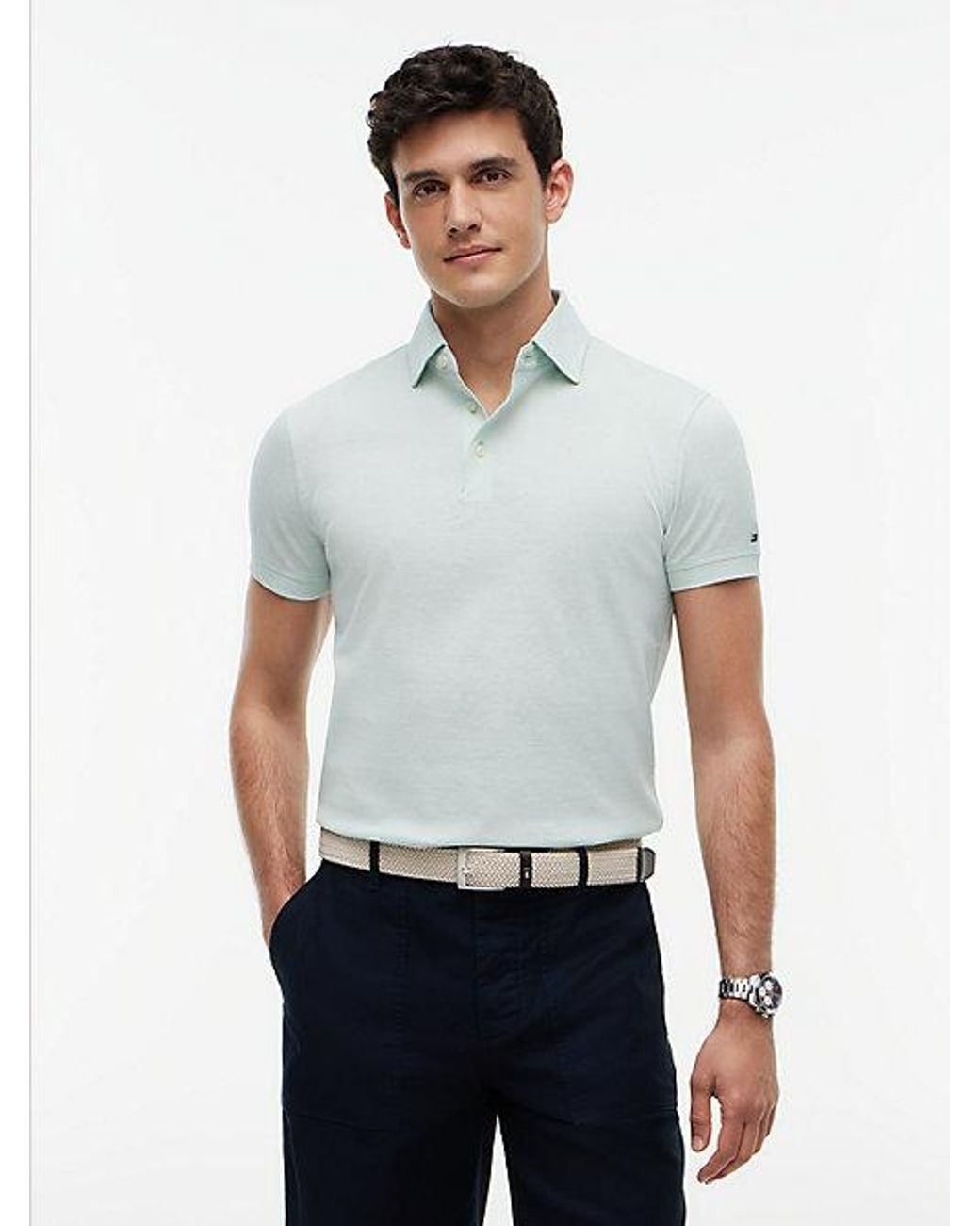Tommy Hilfiger White New York Label Slim Fit Wide-Spread Polo Shirt for men