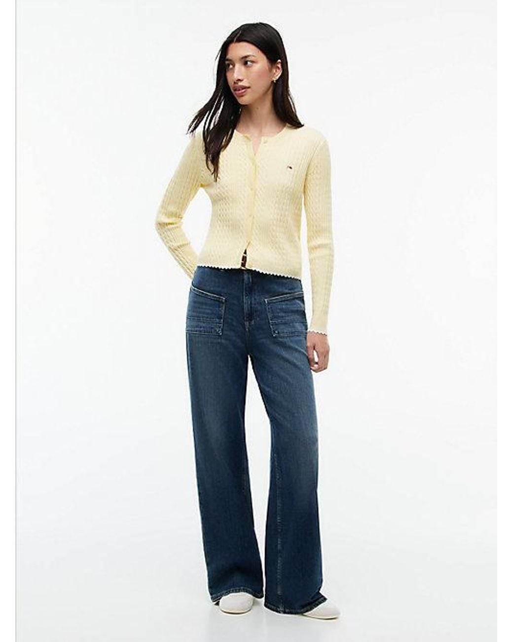 Tommy Hilfiger Natural Tommy Jeans Cable Knit Scalloped Trim Slim Cardigan