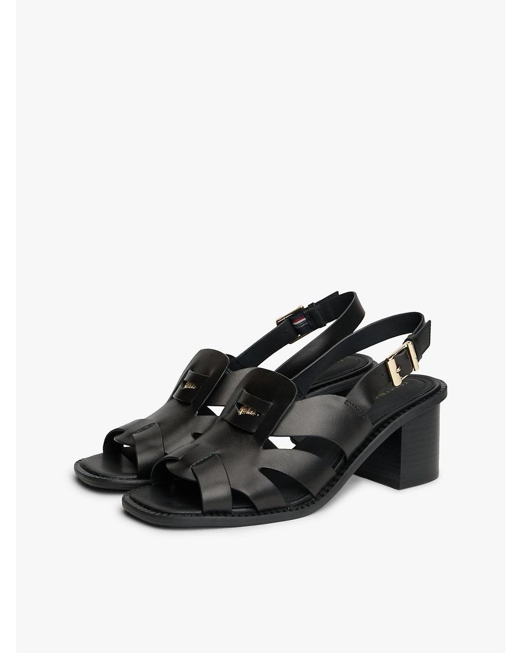 Tommy Hilfiger Black Leather Crest Block Heel Sandals