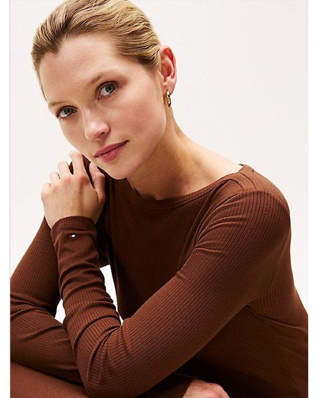 Tommy Hilfiger Brown Ribbed Midi Fit And Flare Dress