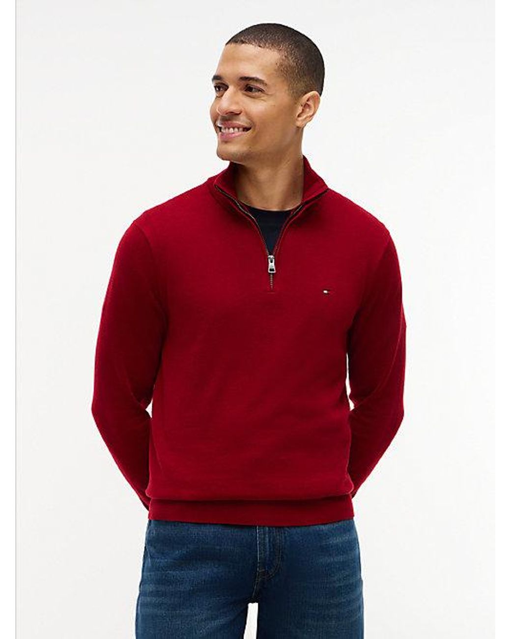 Tommy Hilfiger Red Mock Neck Quarter Zip Jumper With Cashmere for men